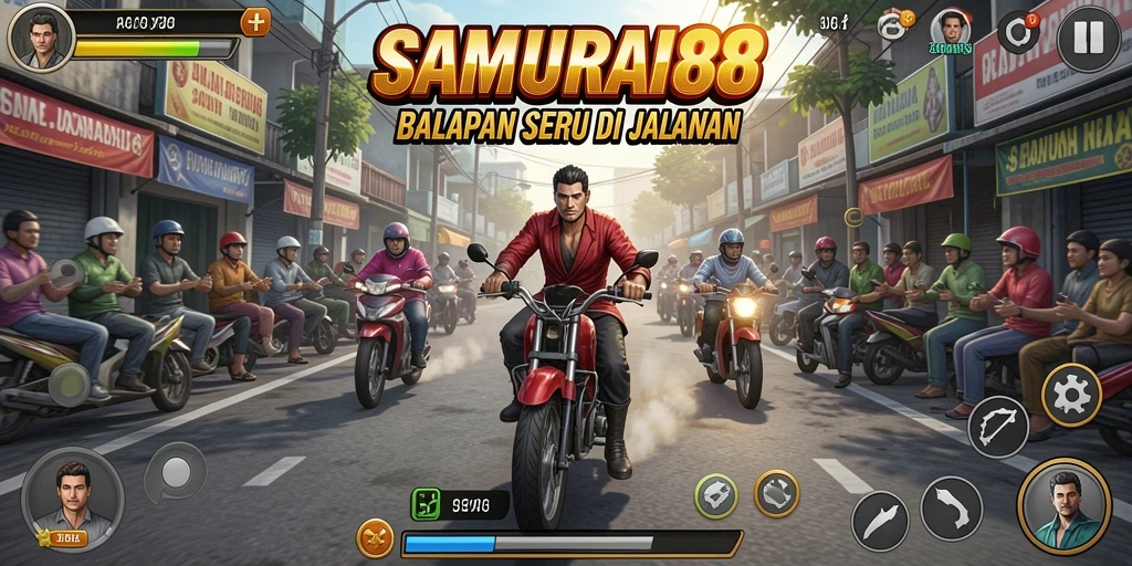 Screenshot gameplay SAMURAI88 yang menunjukkan aksi balapan yang mendebarkan.