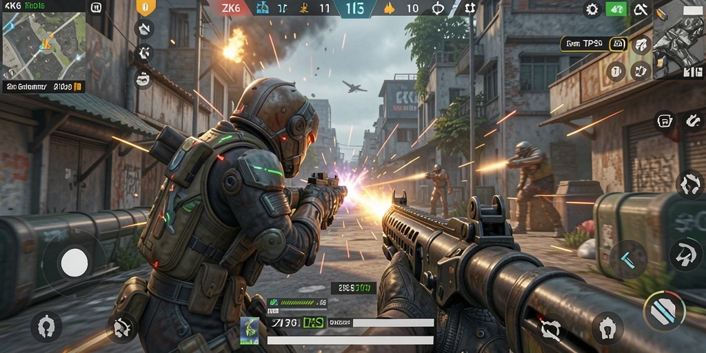 Tampilan gameplay ZK6 dengan aksi tembak-menembak seru.